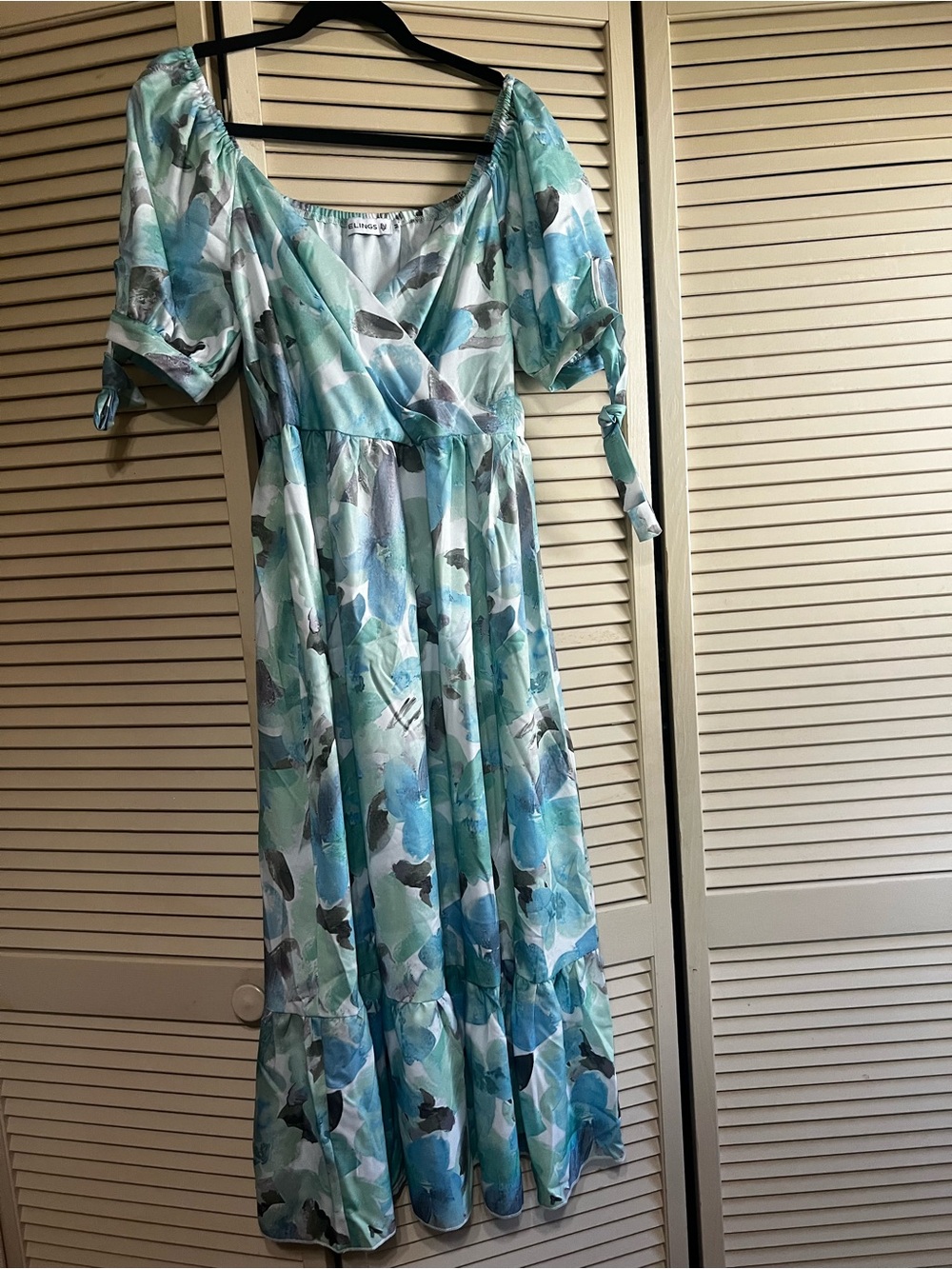 Aqua Floral Maxi Dress with Puff Sleeves and Tie Details